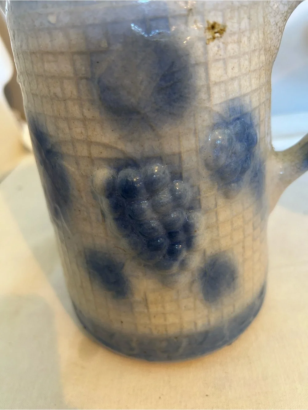 Blue Speckled stoneware figural pitcher